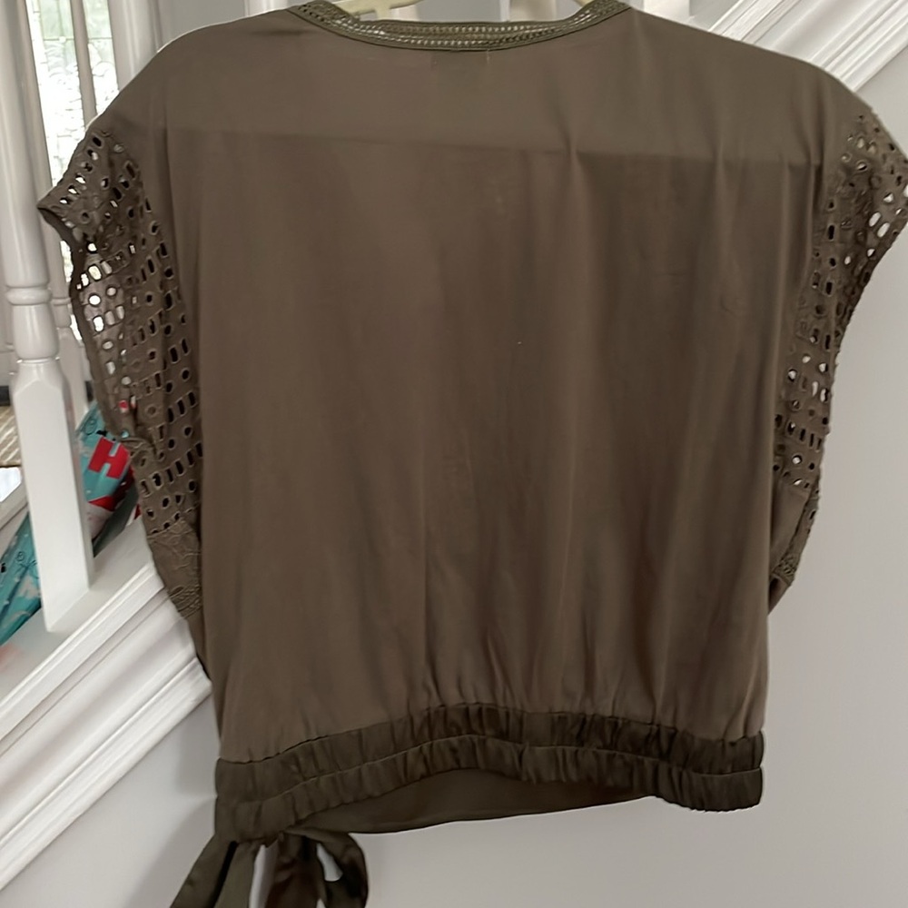 Anthropologie Embroidered Wrap Top Olive Green size SM - Picture 6 of 6